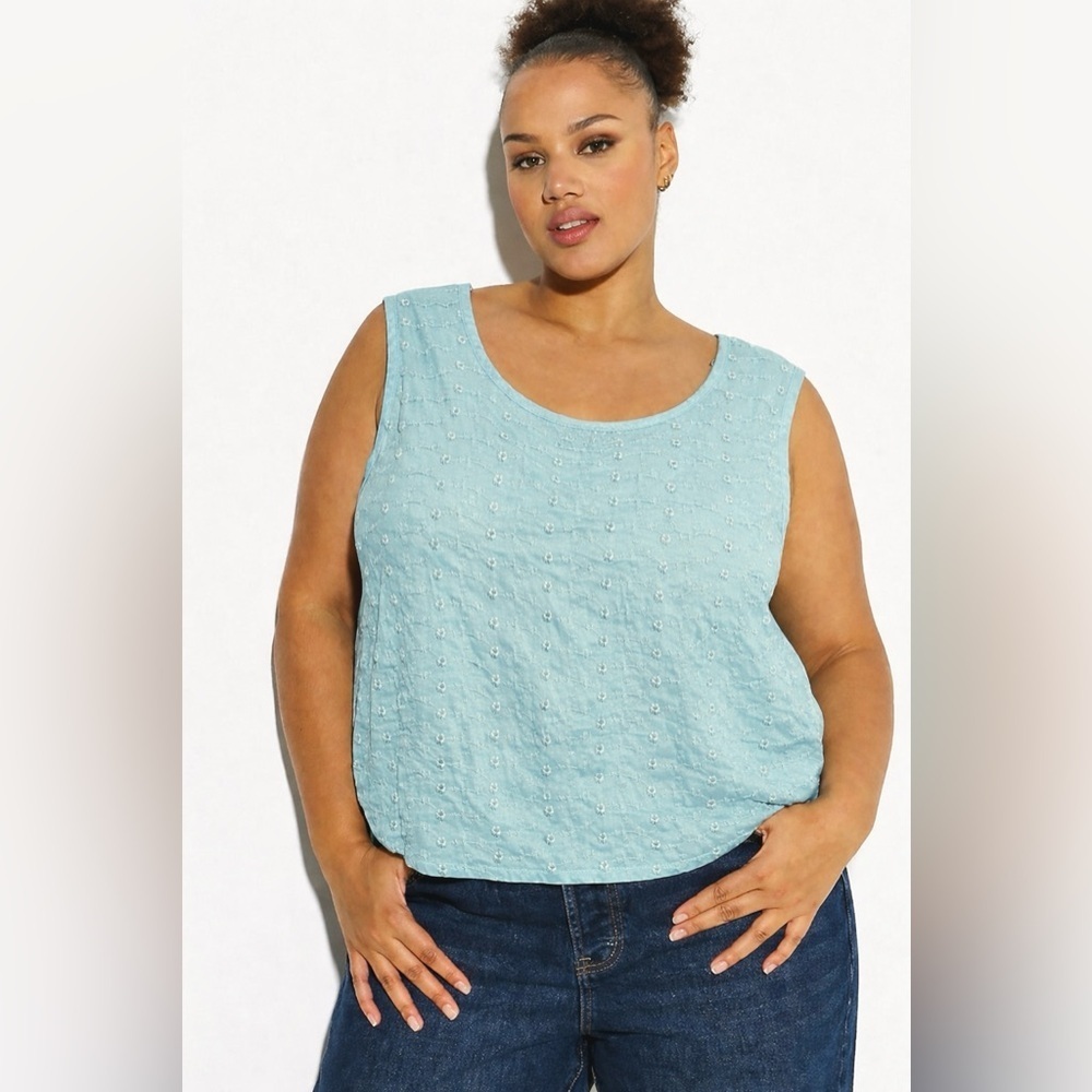 Adrian Delafield Haband Blue Floral Embroidered Eyelet Sleeveless Tank Top XL